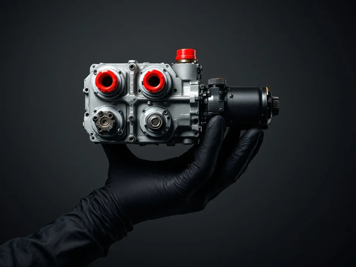 A gloved hand holding up a used ABS hydraulic unit with red-ringed brake-line ports and its pump motor