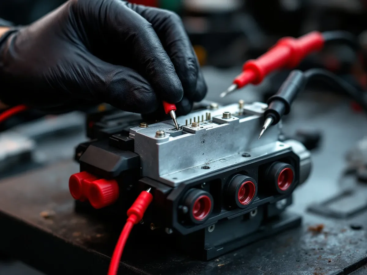 A gloved hand touching test probes to the pins of an ABS unit on the bench