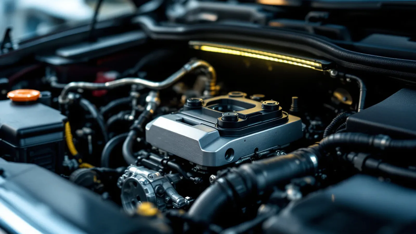 Integrated ABS/ESC unit tightly packaged in a modern crossover engine bay (illustration for the Continental MK100 family)