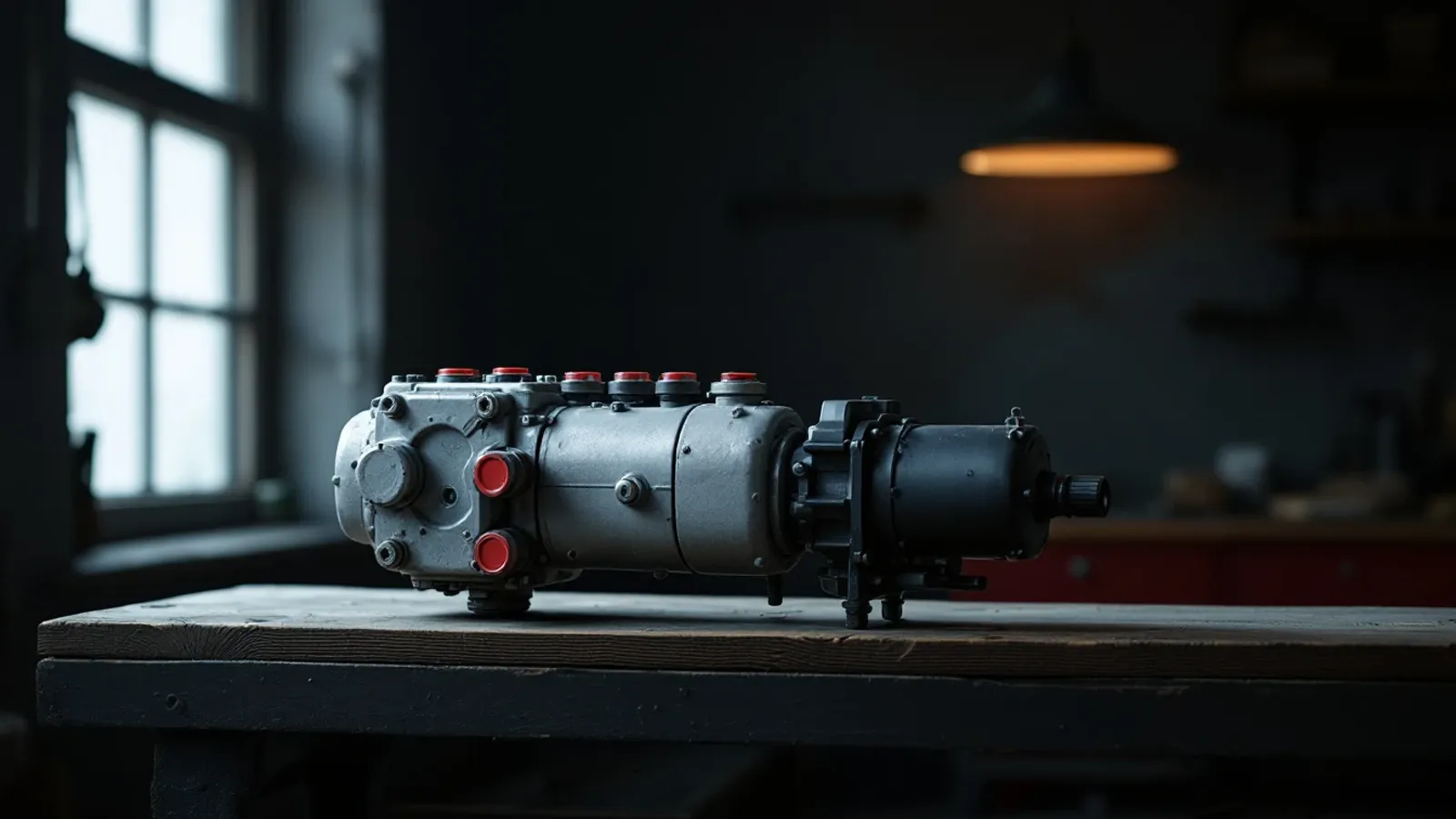 A dusty early-2000s ABS unit with red-capped ports and its pump motor, lying on a wooden bench in a dim garage (illustration for the ATE / Continental MK20 family)