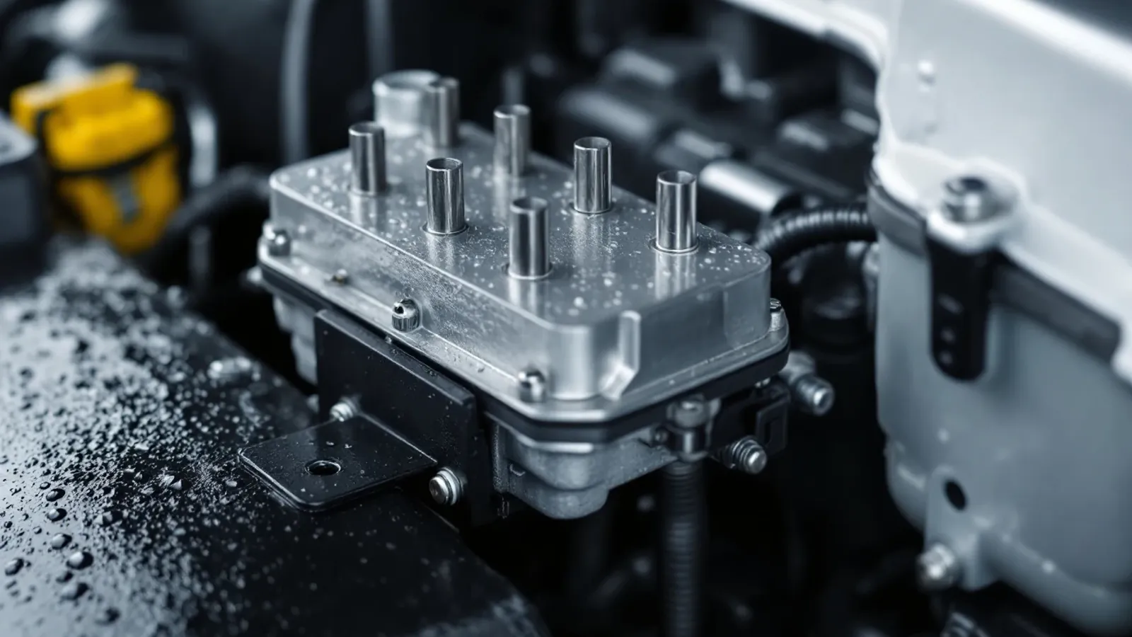 ABS unit bolted to a bracket in an SUV engine bay, rain beading on the paint (illustration for the ATE / Continental MK25 family)
