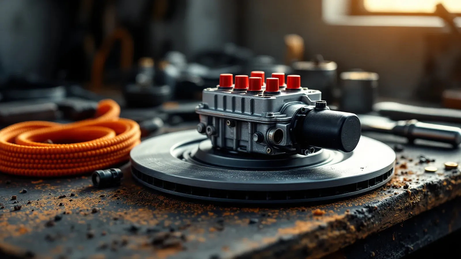 Compact ABS unit resting on a brake rotor on a dusty bench beside a coiled orange tow rope (illustration for the Continental MK70 family)