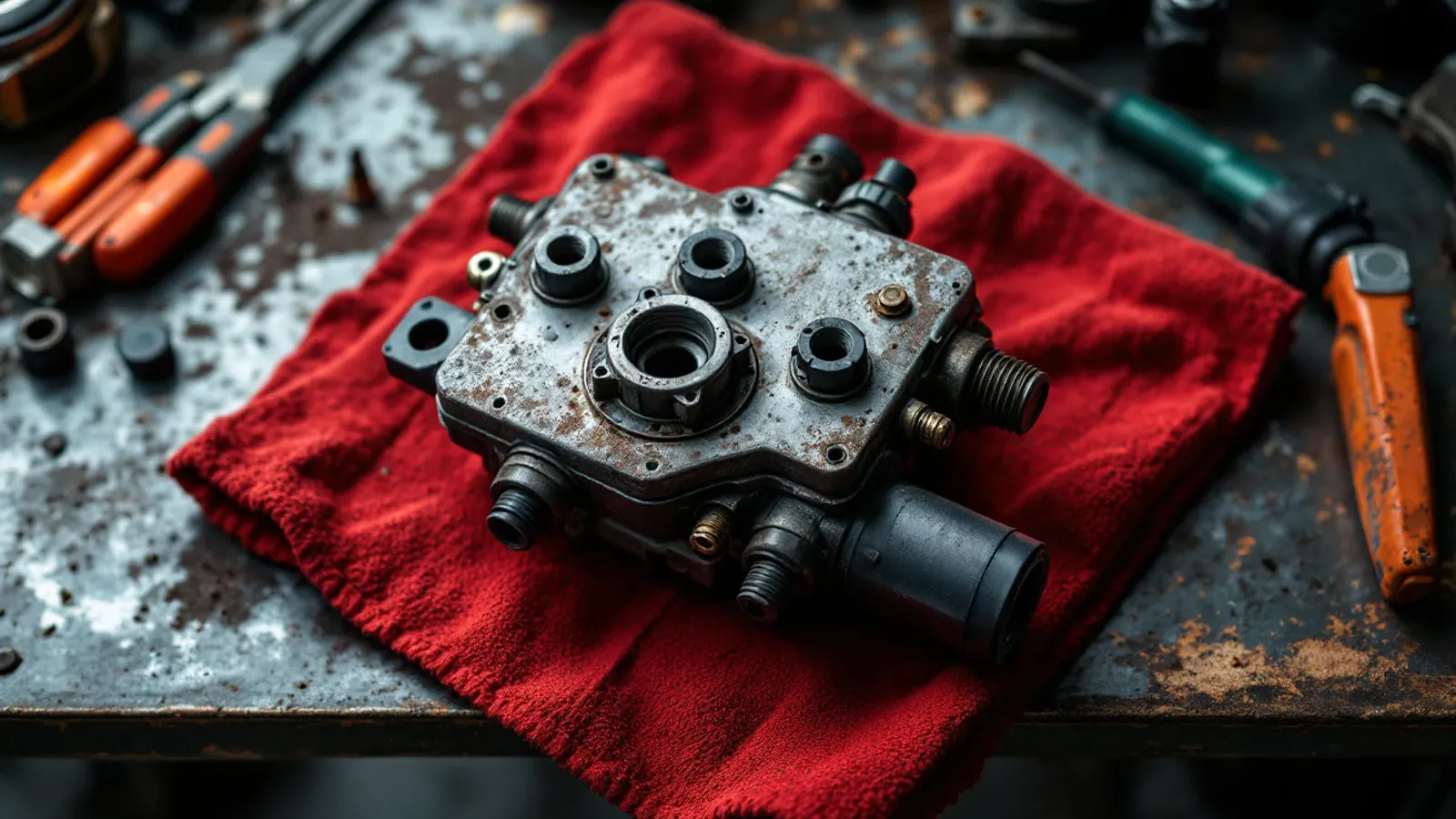 Weathered older ABS hydraulic unit resting on a red shop rag on a steel bench (illustration for the Bosch 5.3 family)
