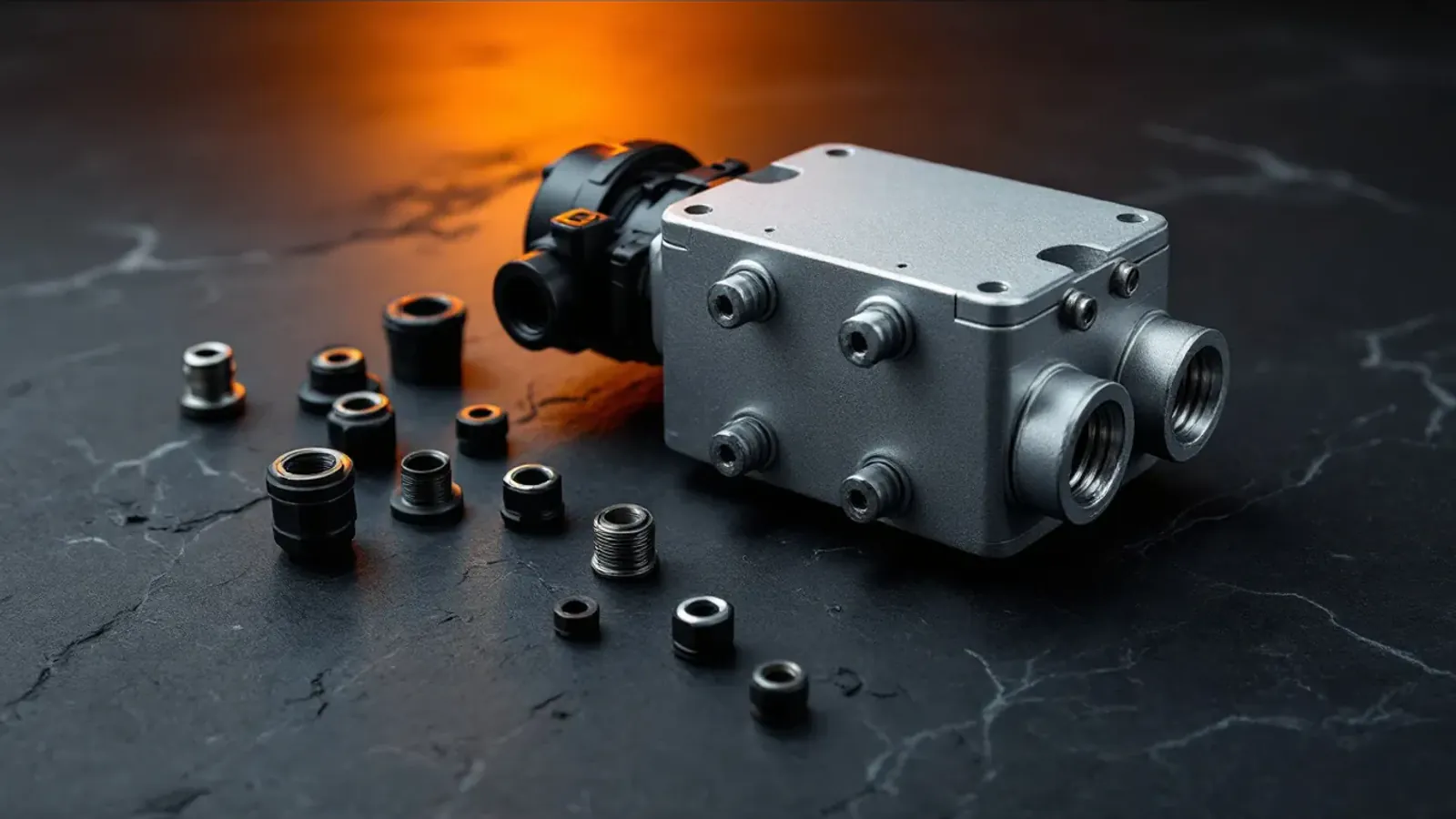 Compact hydraulic unit with loose brake-line fittings on dark slate (illustration for the Mando family)