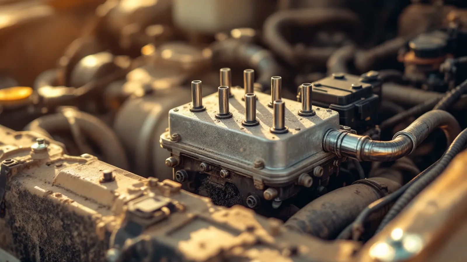 ABS actuator assembly in a dusty midsize pickup engine bay in low sun (illustration for the Nissan / Infiniti ABS actuator family)