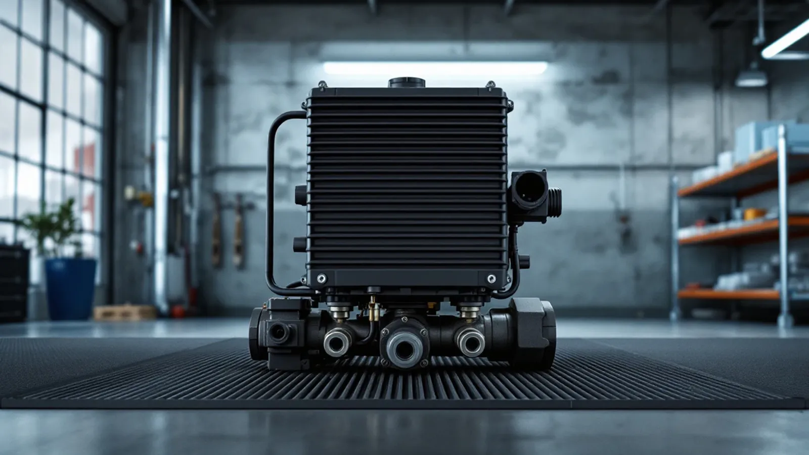 Large brake control module on its valve body, on a rubber mat in a fleet garage (illustration for the TRW EBC family)