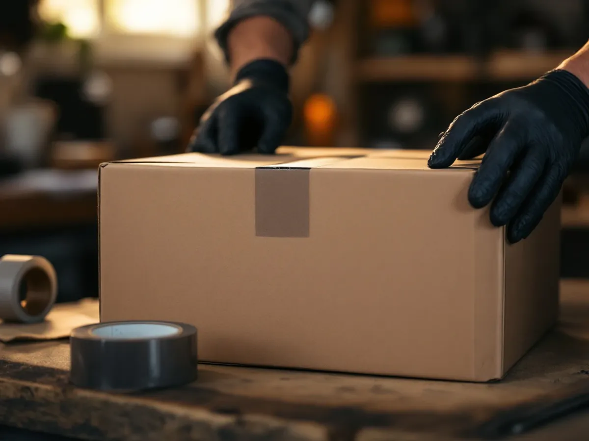 Gloved hands sealing a plain shipping box with tape on a garage workbench